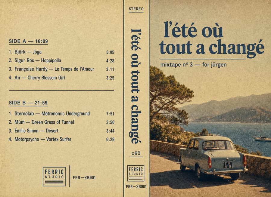 a printed cassette insert titled "l'été où tout a changé" — a car on a coast road in faded colour, eight tracks by Björk, Sigur Rós and Émilie Simon on the back