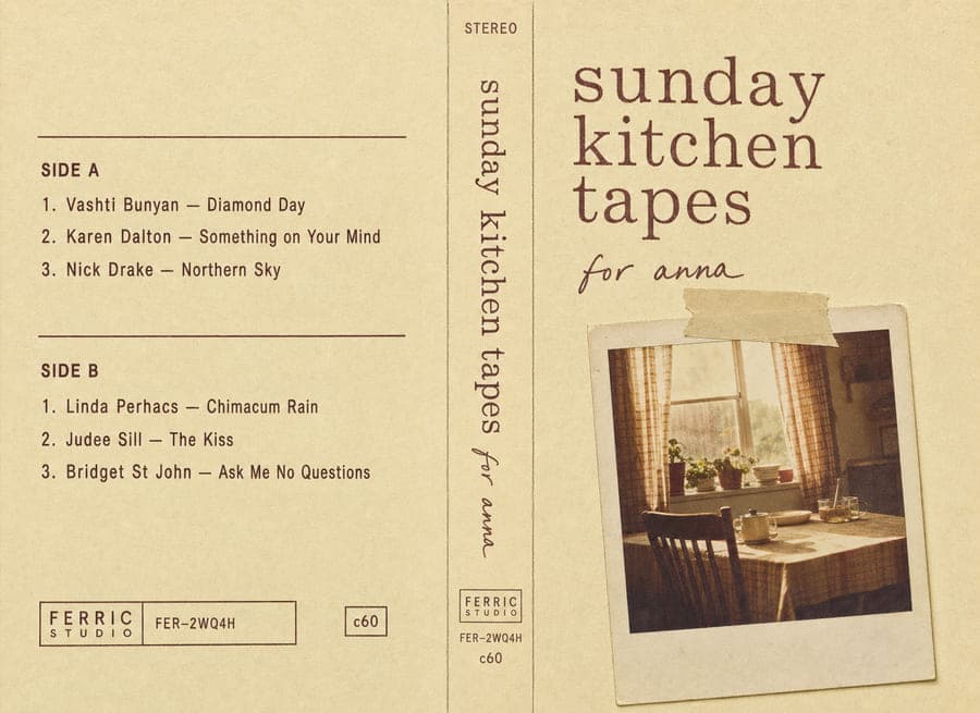 a printed cassette insert titled "sunday kitchen tapes" — a taped polaroid of a kitchen window on cream paper, six tracks on the back