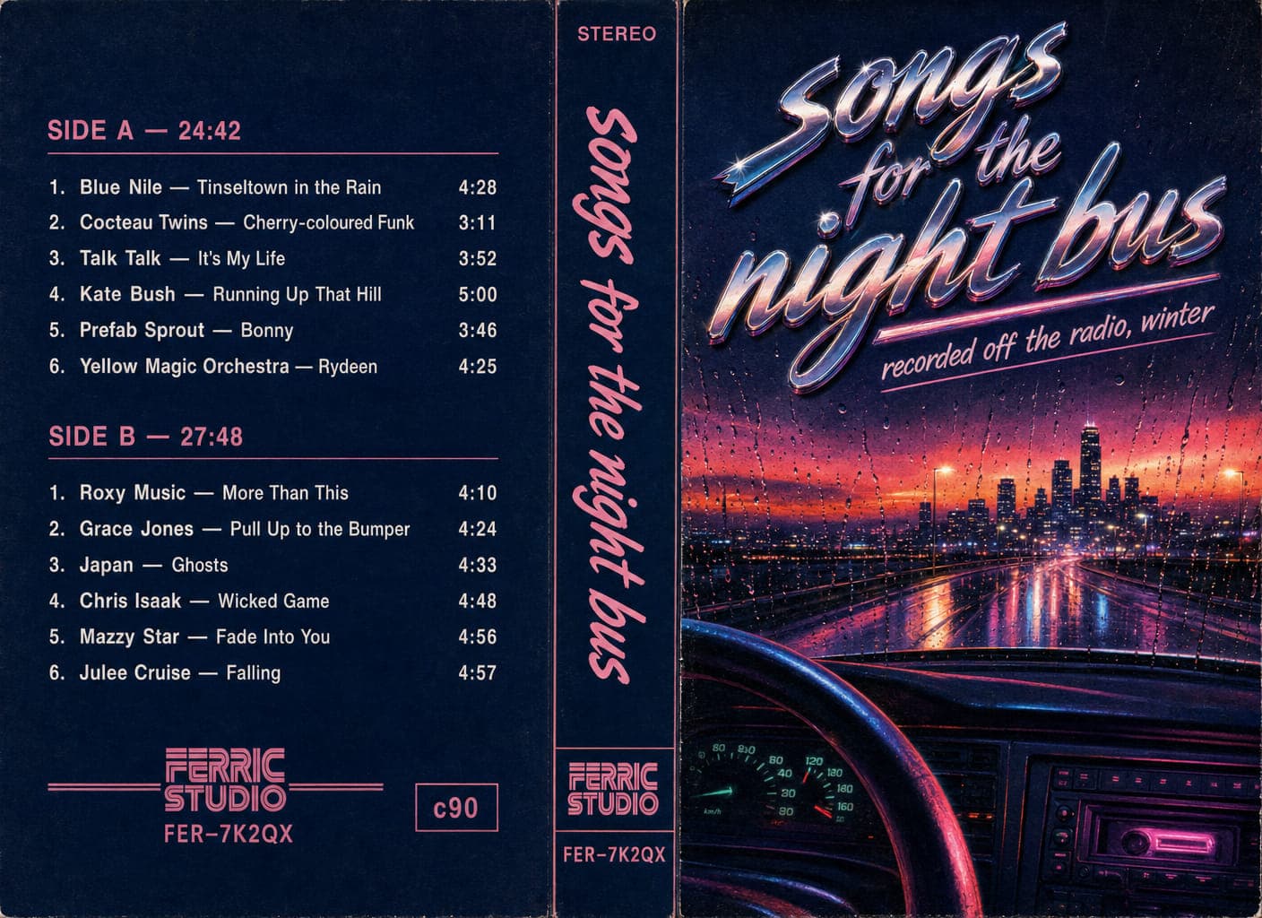 a printed cassette insert titled "songs for the night bus" — chrome lettering over a rain-streaked city road at sunset on the front panel, the spine, and twelve tracks across sides a and b on the back