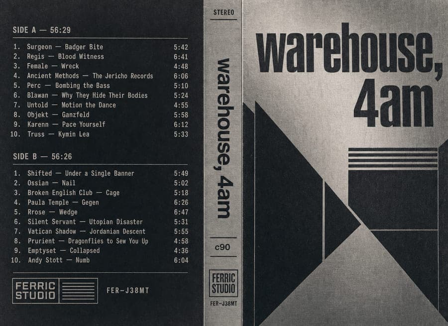 a printed cassette insert titled "warehouse, 4am" — flat black and silver geometry on the front panel, a twenty-track listing across sides a and b on the back